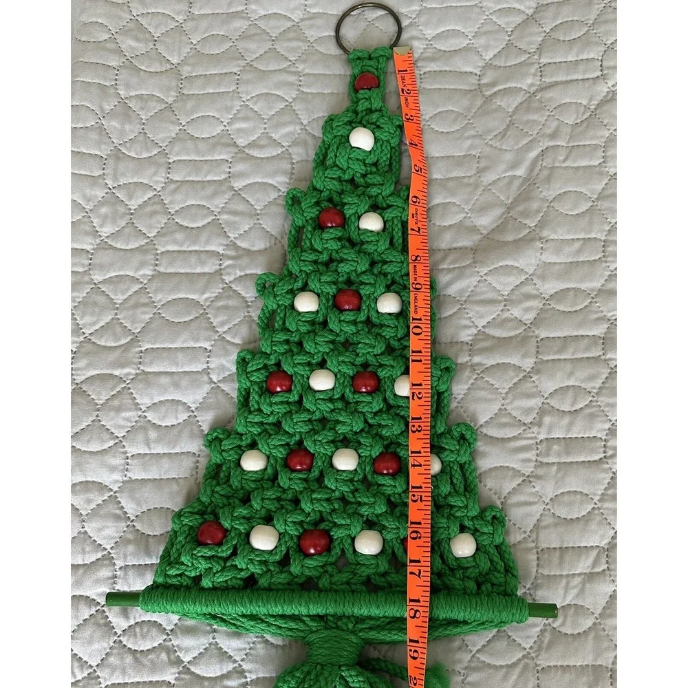 Vtg Macrame Crochet Handmade Christmas Tree Wall Hanging Large Green Red 32 X 12